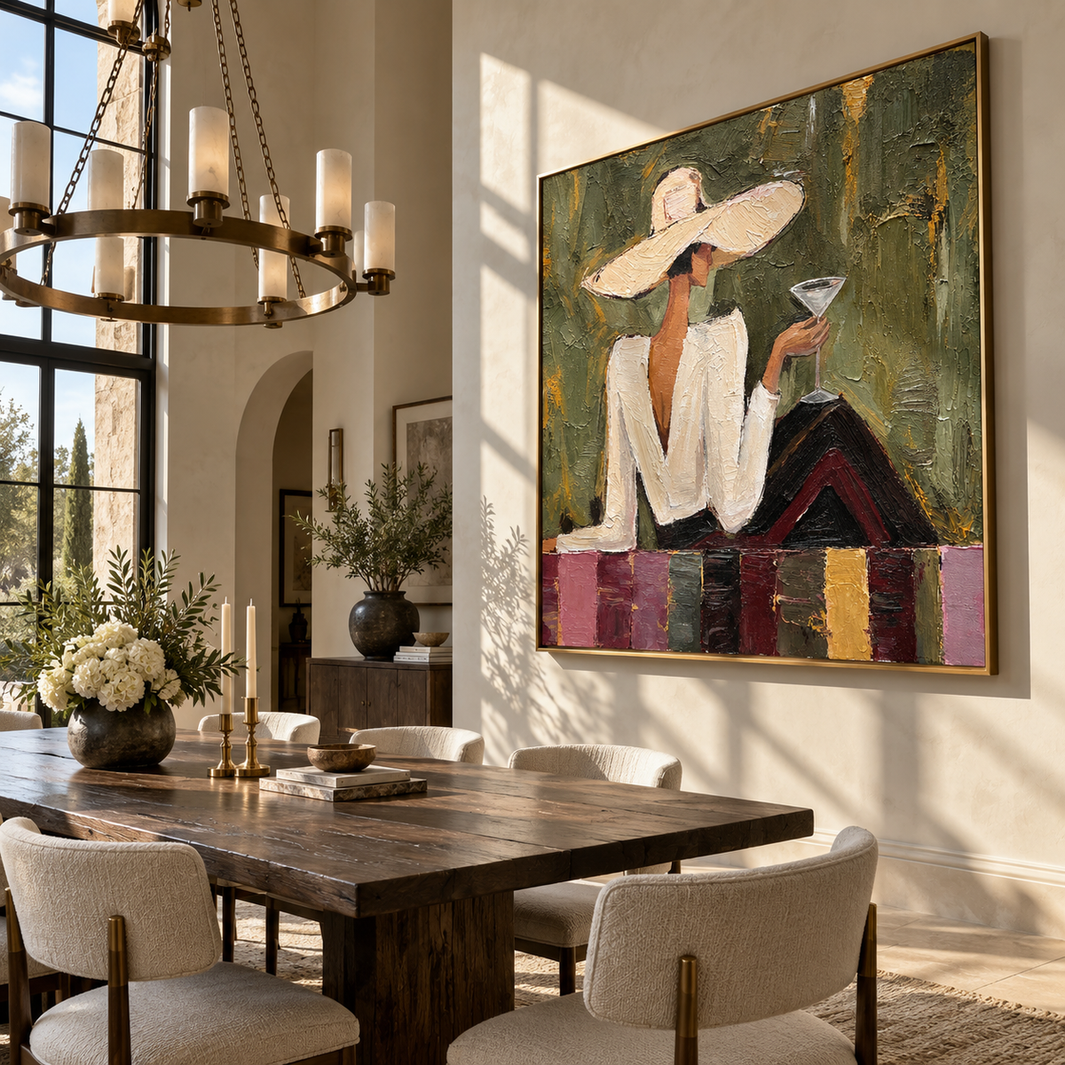 Garden Toast – woman in white suit holding martini, Retro Modern square wall art - displayed above a living room console