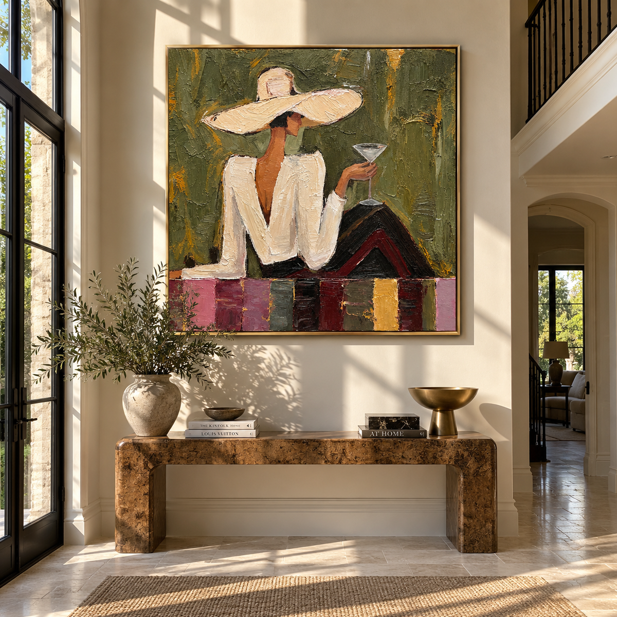 Garden Toast – woman in white suit holding martini, Retro Modern square wall art - displayed over a low oak cabinet