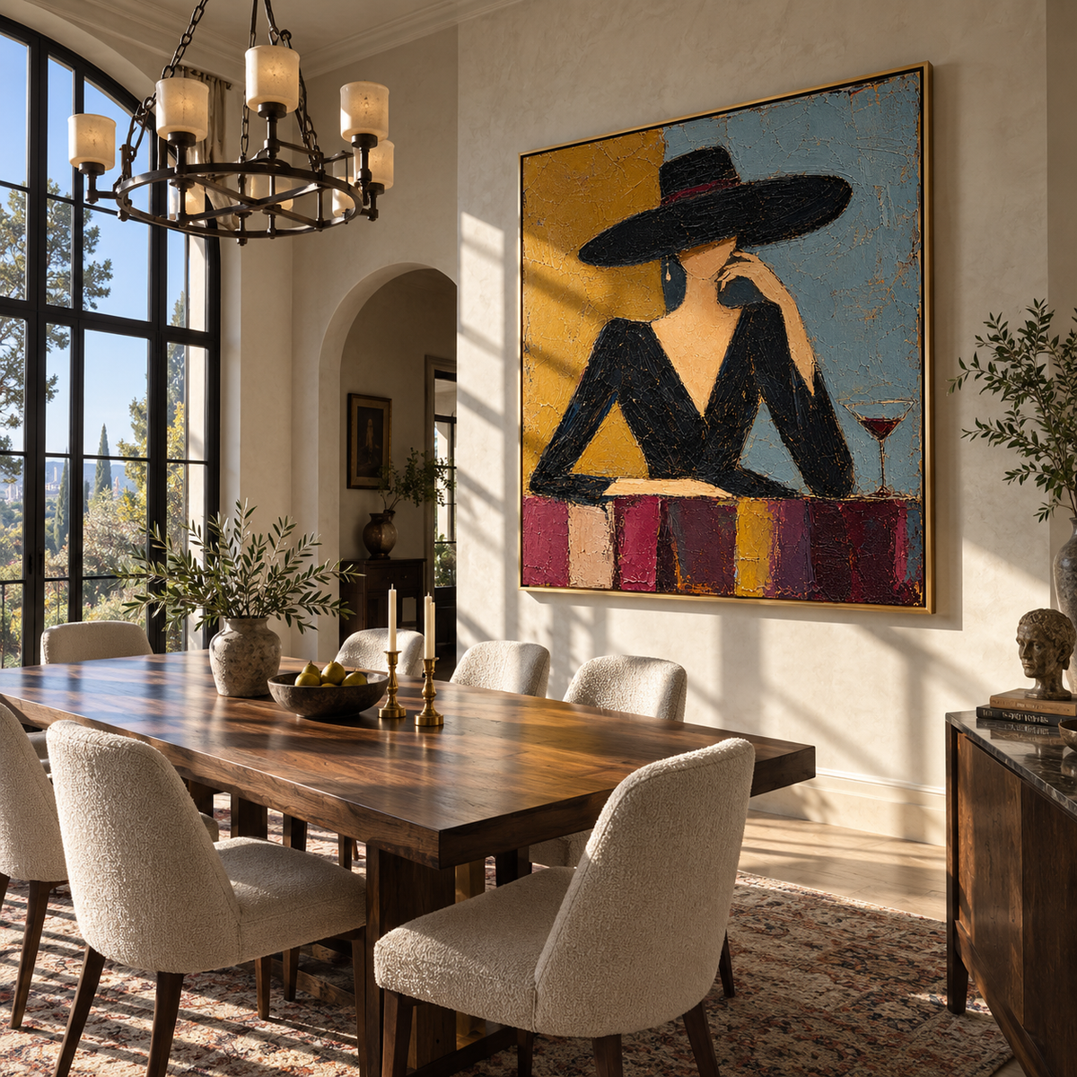 Amber Conversation – woman in black dress at the table, Retro Modern square wall art - displayed over a low oak cabinet
