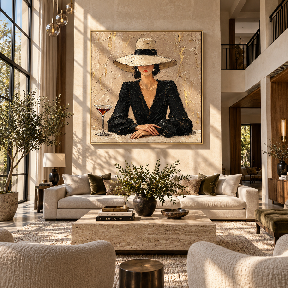 Quiet Toast – woman in black blazer and cream hat, Retro Modern square wall art - displayed above a living room console