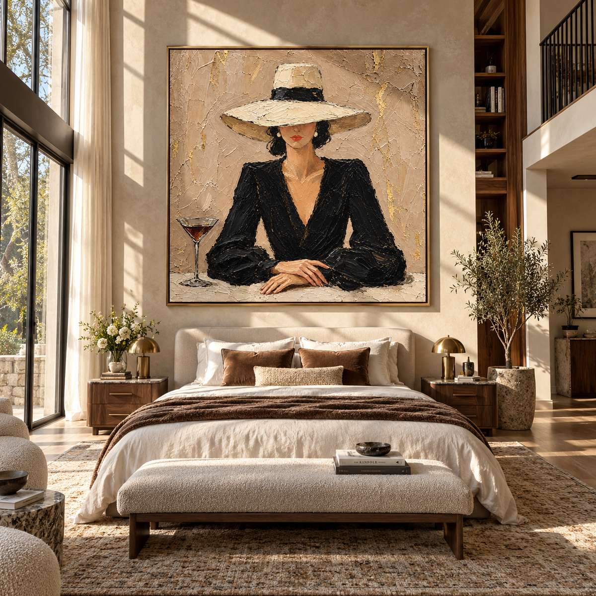 Quiet Toast – woman in black blazer and cream hat, Retro Modern square wall art - displayed on a calm bedroom wall