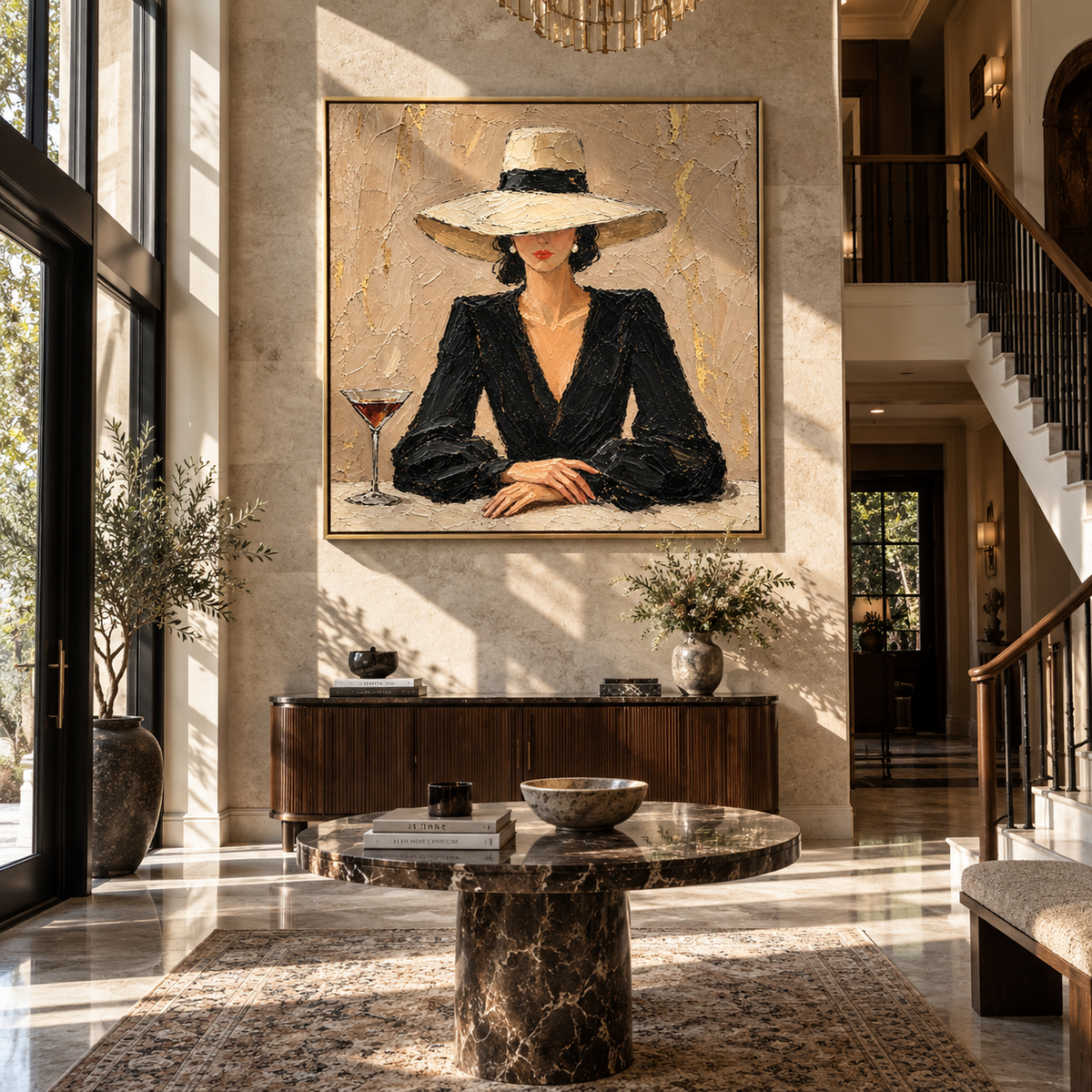 Quiet Toast – woman in black blazer and cream hat, Retro Modern square wall art - displayed beside a home office desk