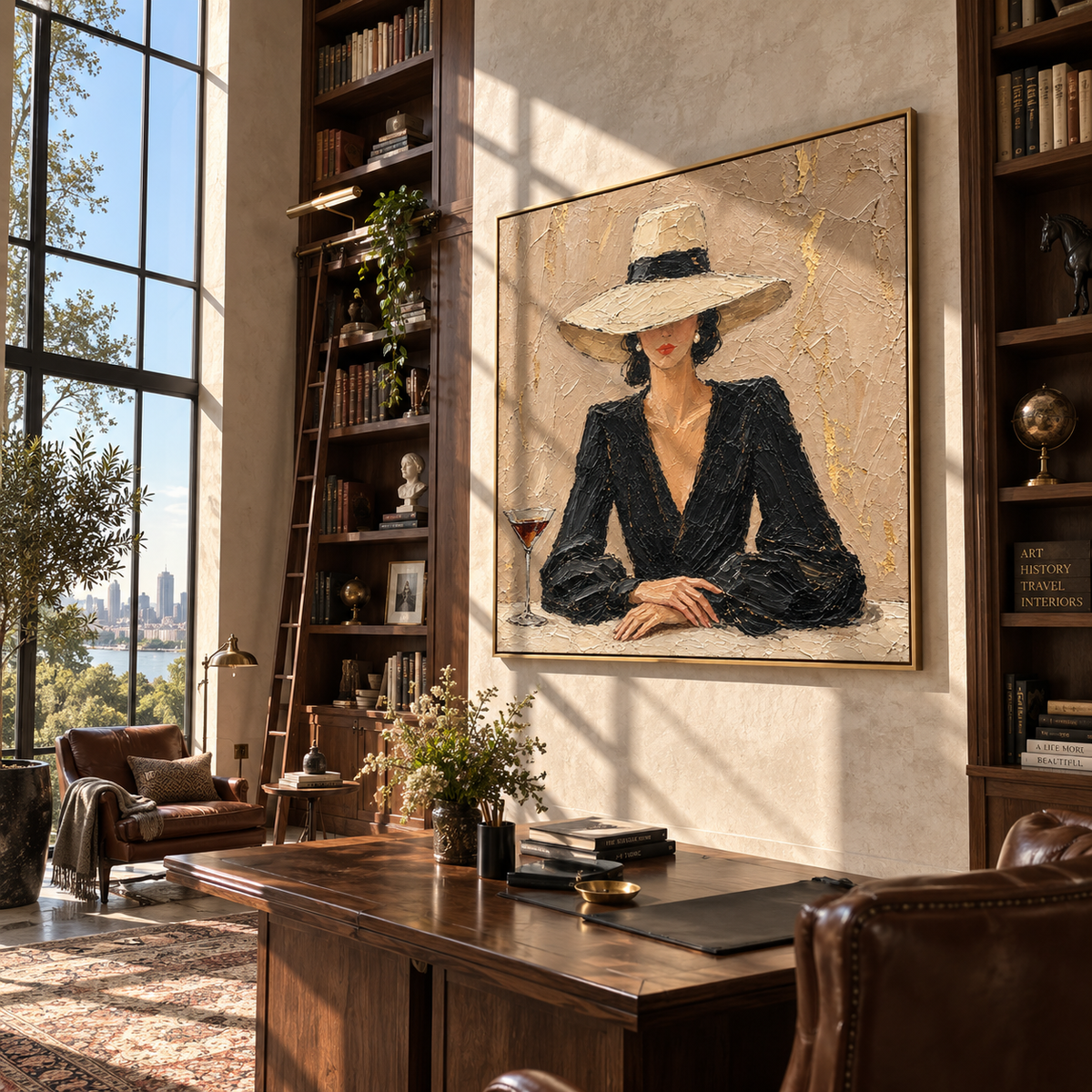 Quiet Toast – woman in black blazer and cream hat, Retro Modern square wall art - displayed over a low oak cabinet