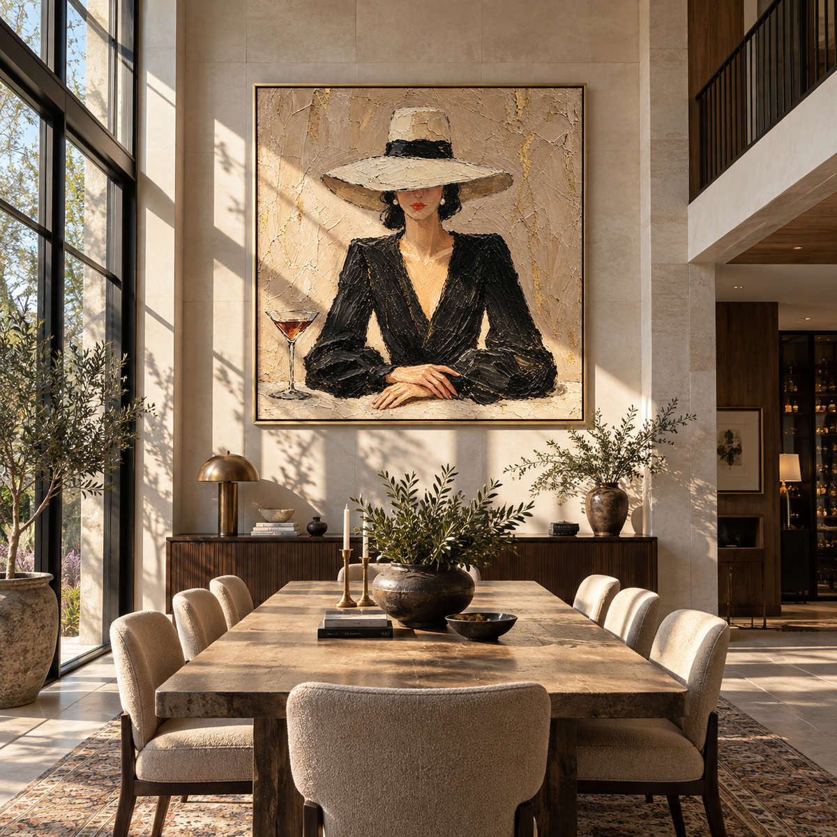 Quiet Toast – woman in black blazer and cream hat, Retro Modern square wall art - displayed in a collected modern lounge