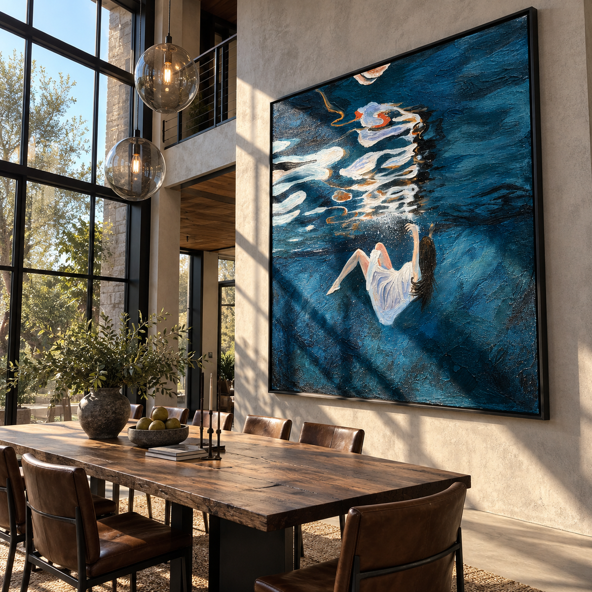 Night Drift – woman floating in dark blue water, Retro Modern square wall art - displayed on a calm bedroom wall