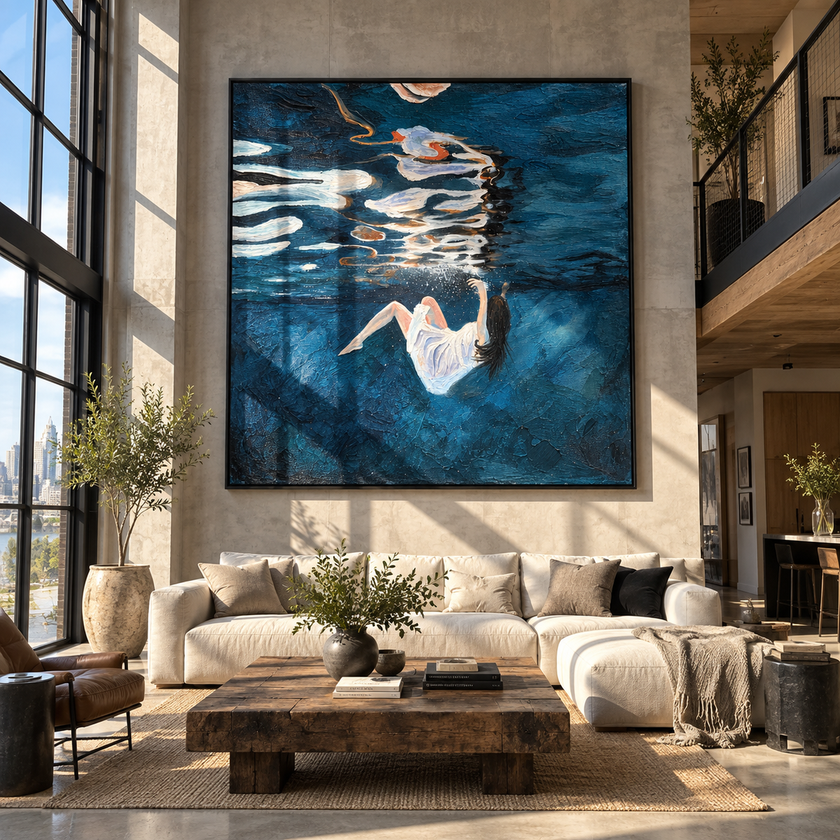 Night Drift – woman floating in dark blue water, Retro Modern square wall art - displayed beside a home office desk