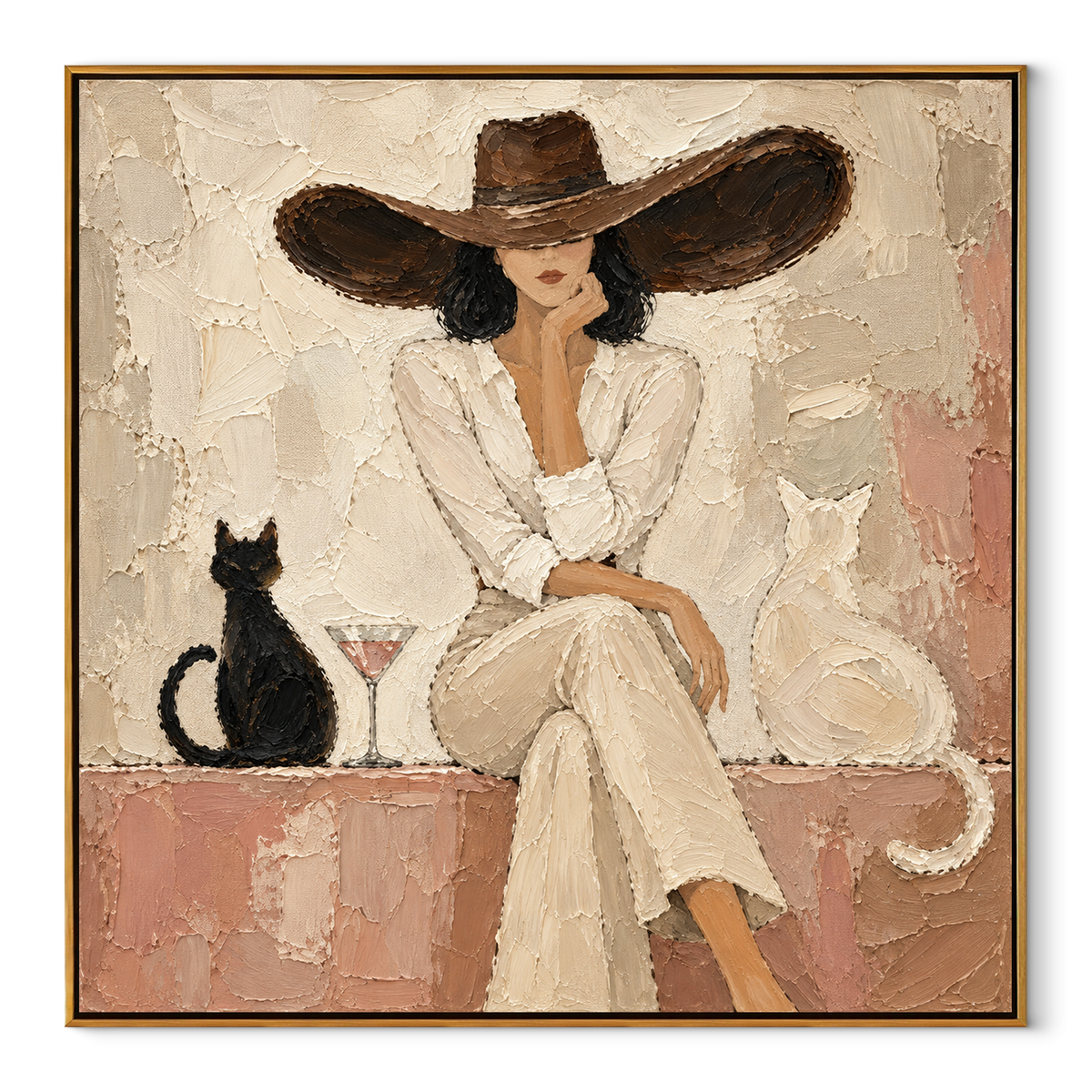 Martini Between Two Cats – square ivory woman and cats painting in a wood frame on a clean white background