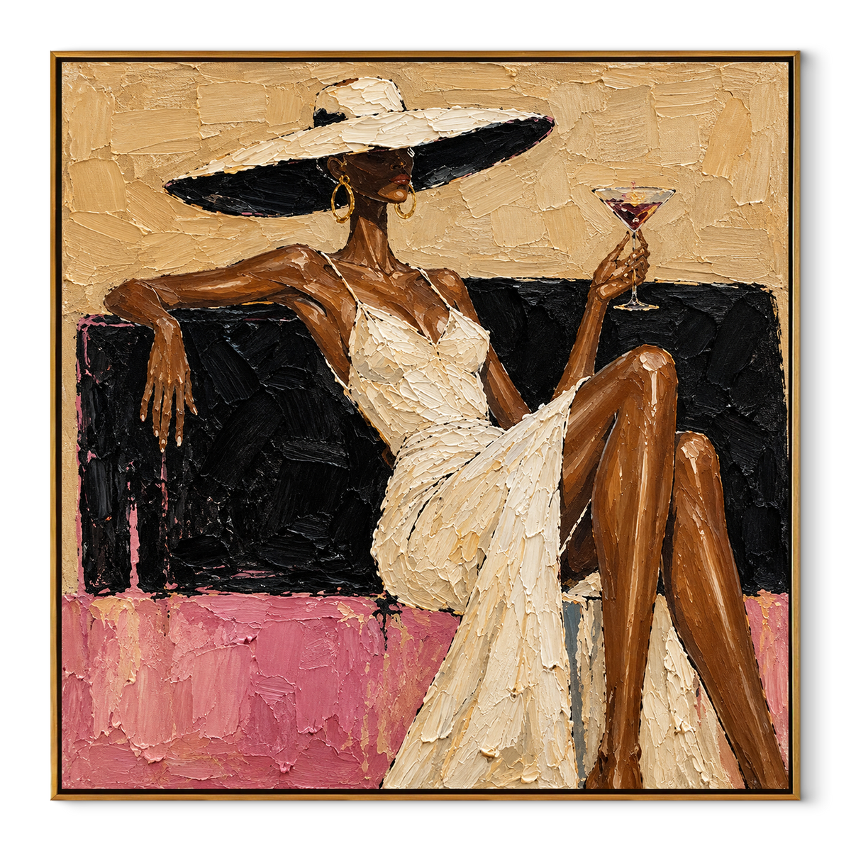 Ivory Brim After Dark – square glamorous woman with martini painting in a wood frame on a clean white background