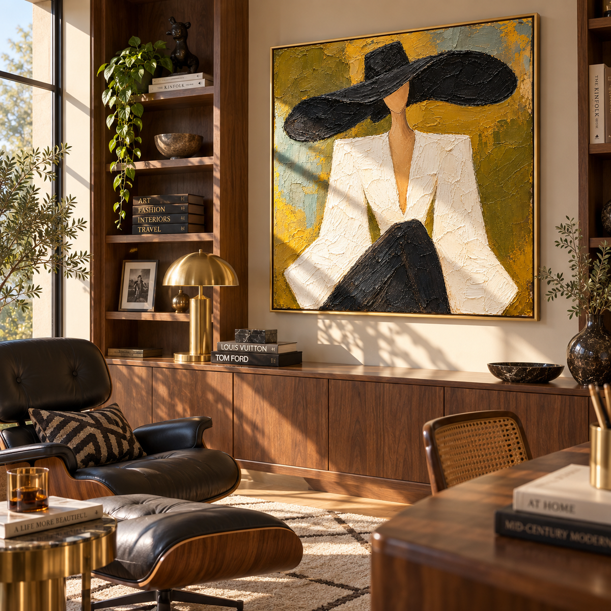 Mustard Room Black Brim – square portrait painting styled with modern furnishings