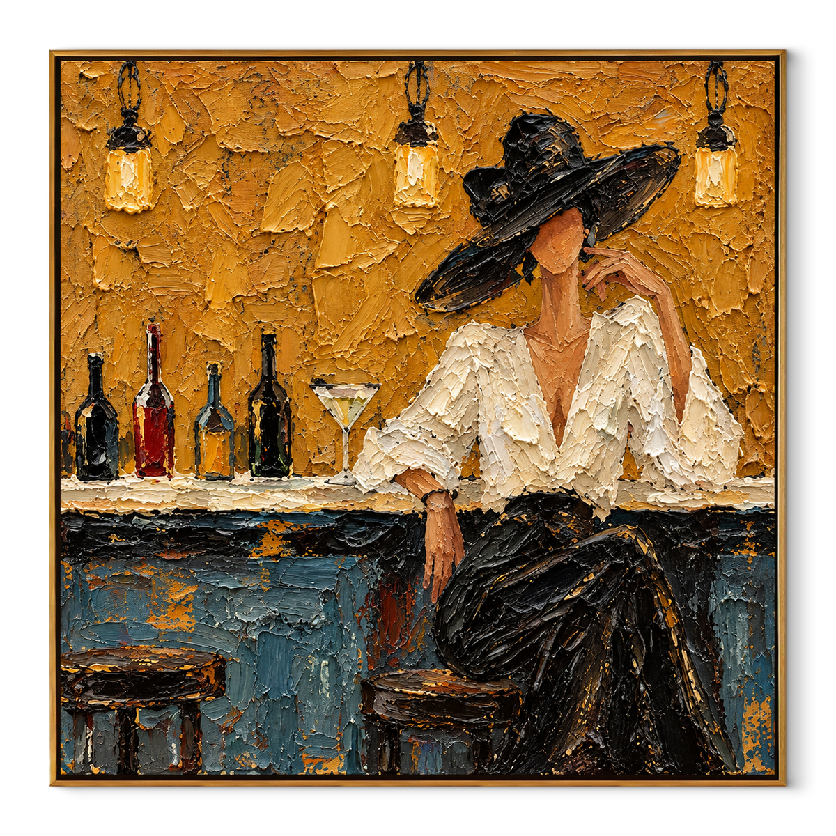 Amber Bar Cocktail Hour – square fashion woman painting in a wood frame on a clean white background