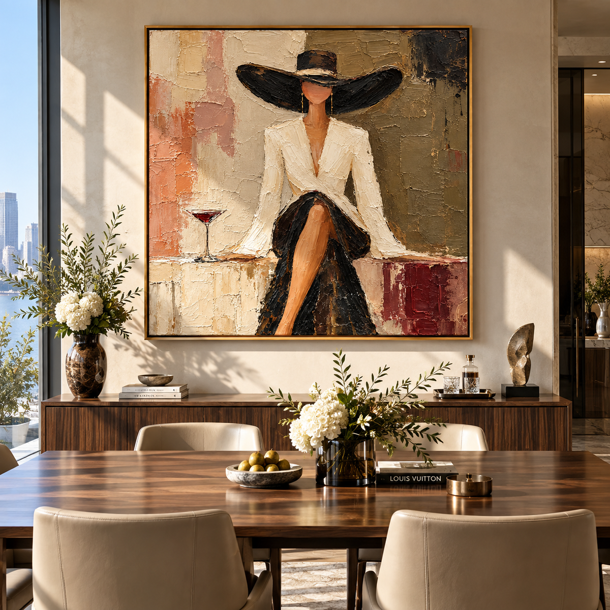 Burgundy Table White Blazer – fashion portrait painting, displayed in a styled contemporary interior
