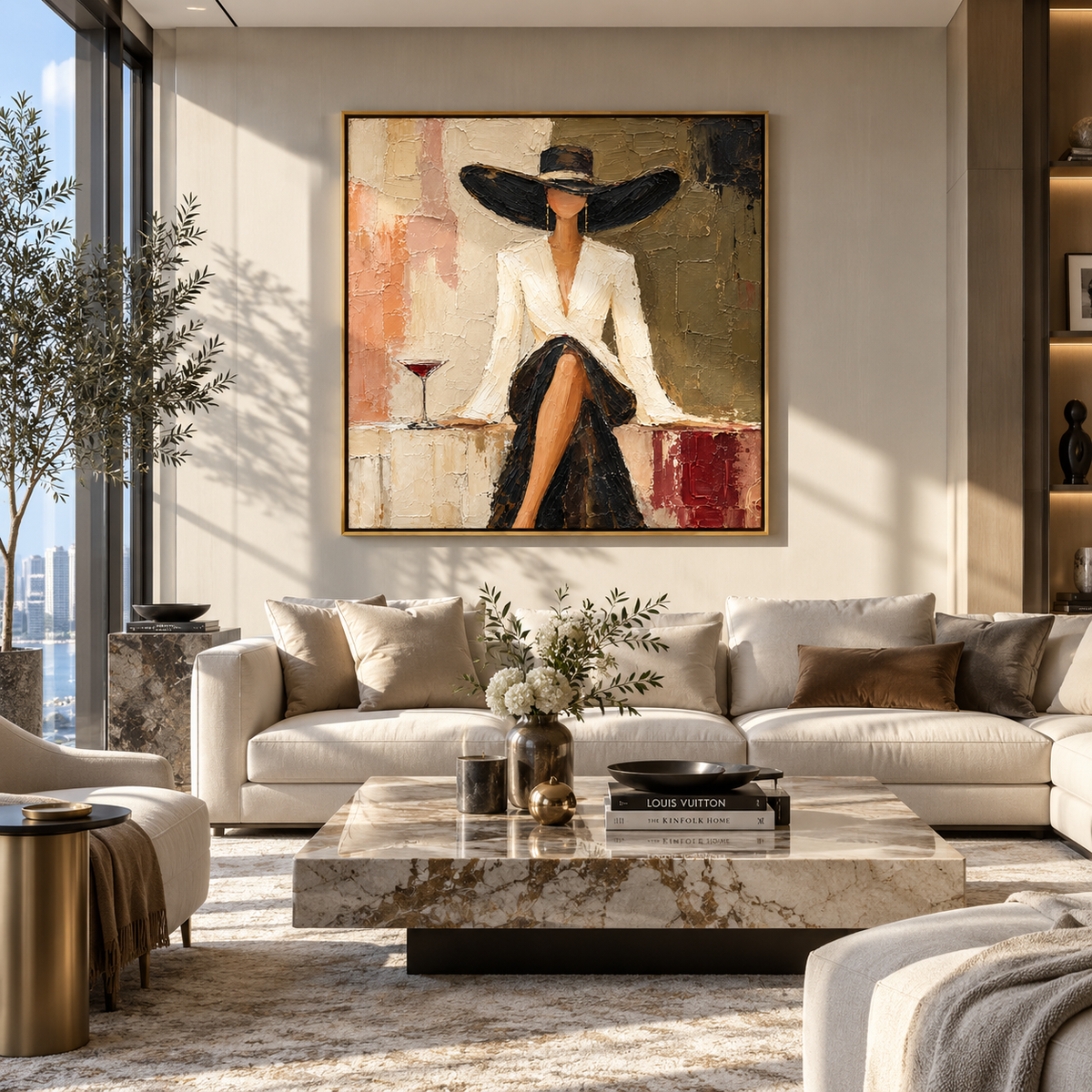 Burgundy Table White Blazer – textured square painting displayed in a refined interior