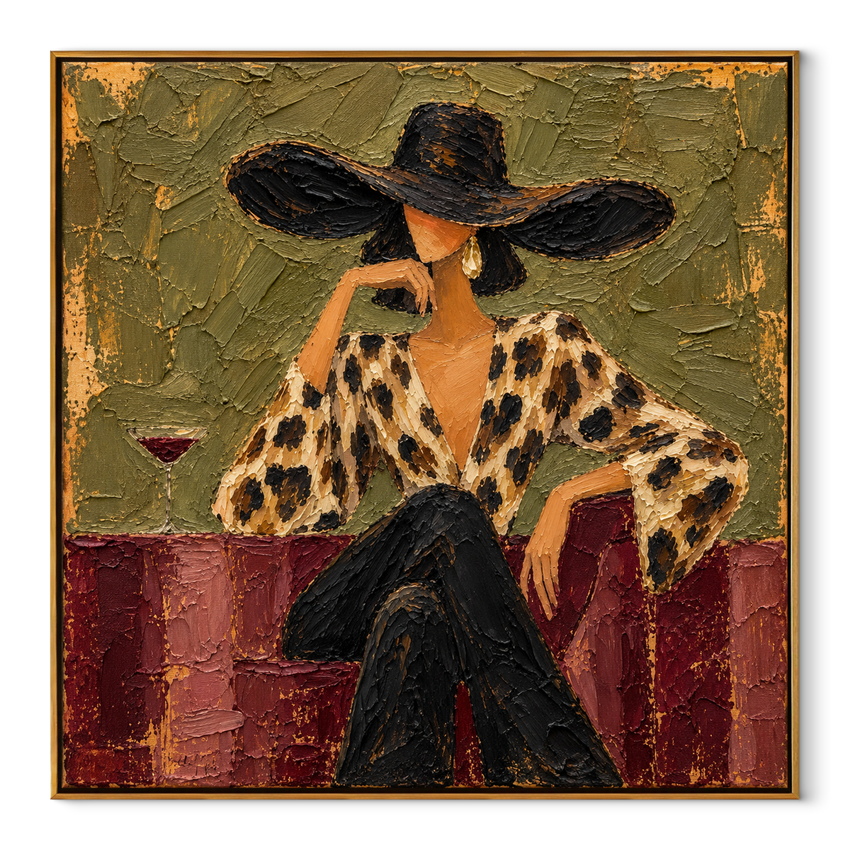 Leopard Print Olive Hour – square woman with martini painting in a wood frame on a clean white background