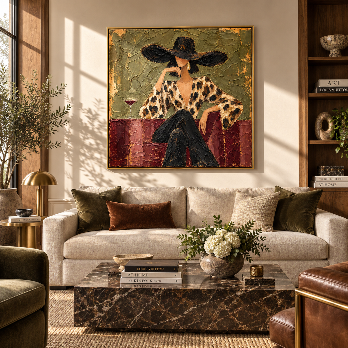 Leopard Print Olive Hour – square portrait painting styled with modern furnishings