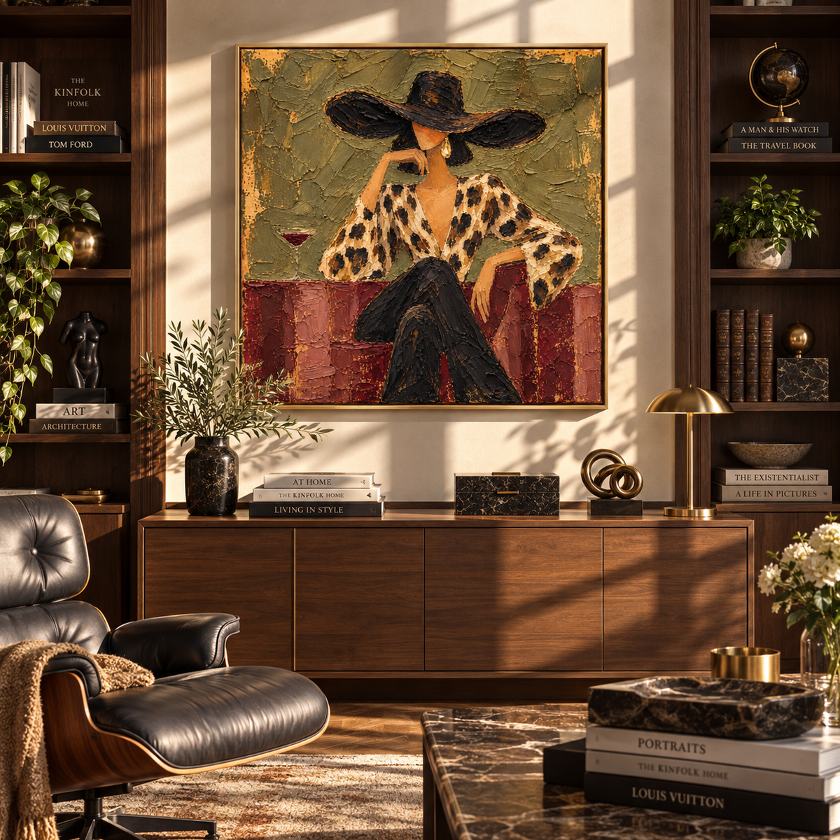 Leopard Print Olive Hour – fashion wall art presented in a coordinated room setting