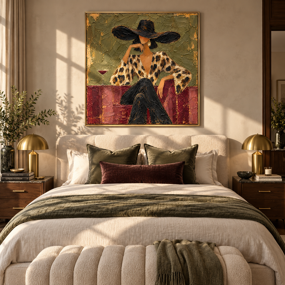 Leopard Print Olive Hour – textured square painting displayed in a refined interior