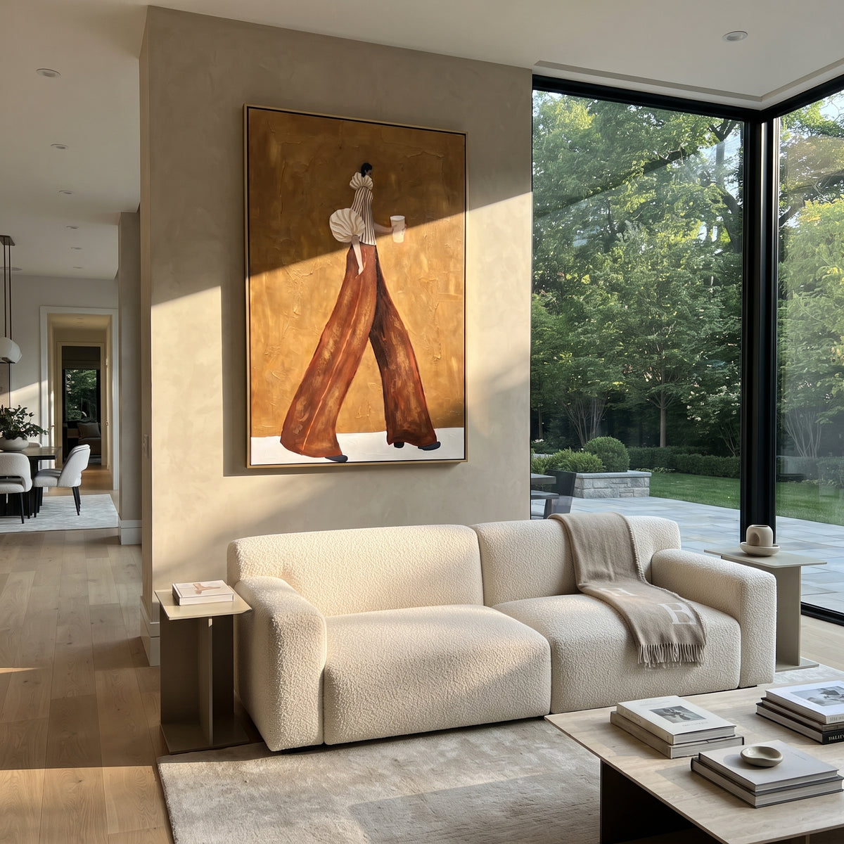 Coffee Across Ochre – vertical fashion wall art styled with contemporary furnishings