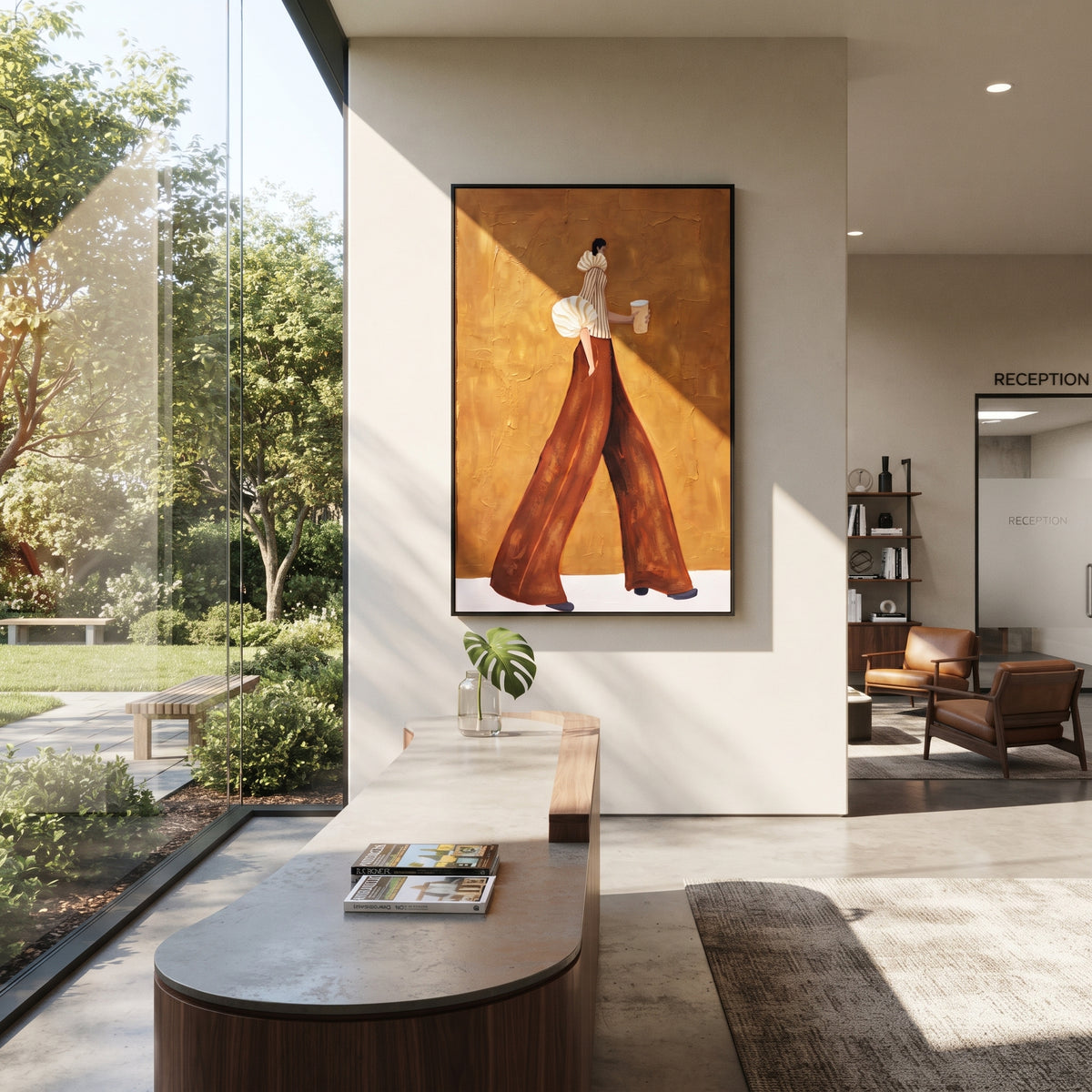 Coffee Across Ochre – mid-century woman painting displayed in a refined interior