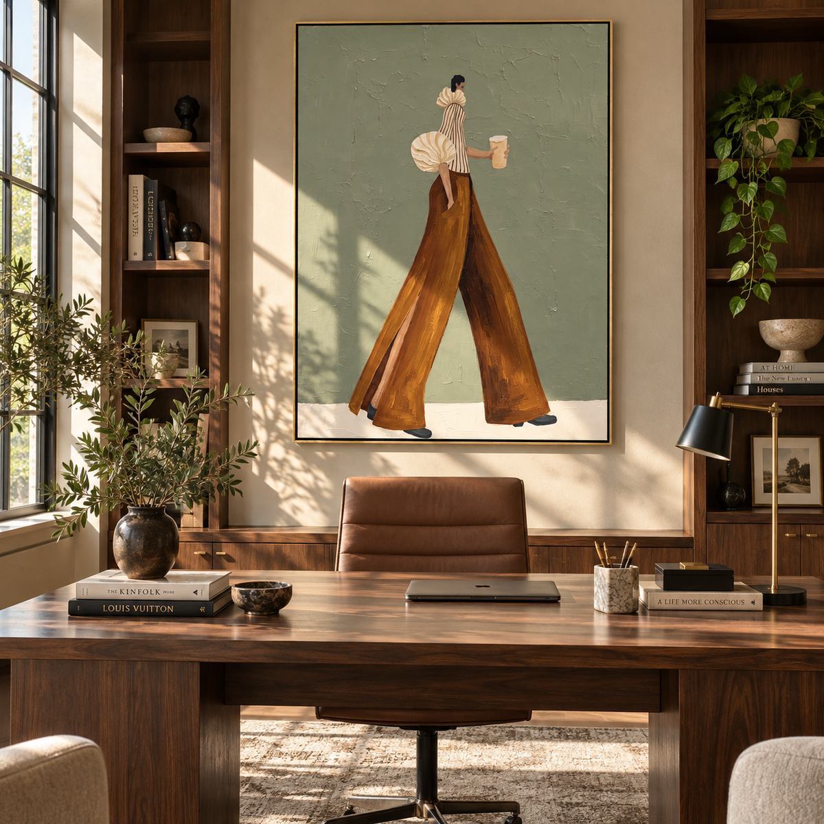 Sage Street Coffee – textured woman artwork shown in an alternate modern room