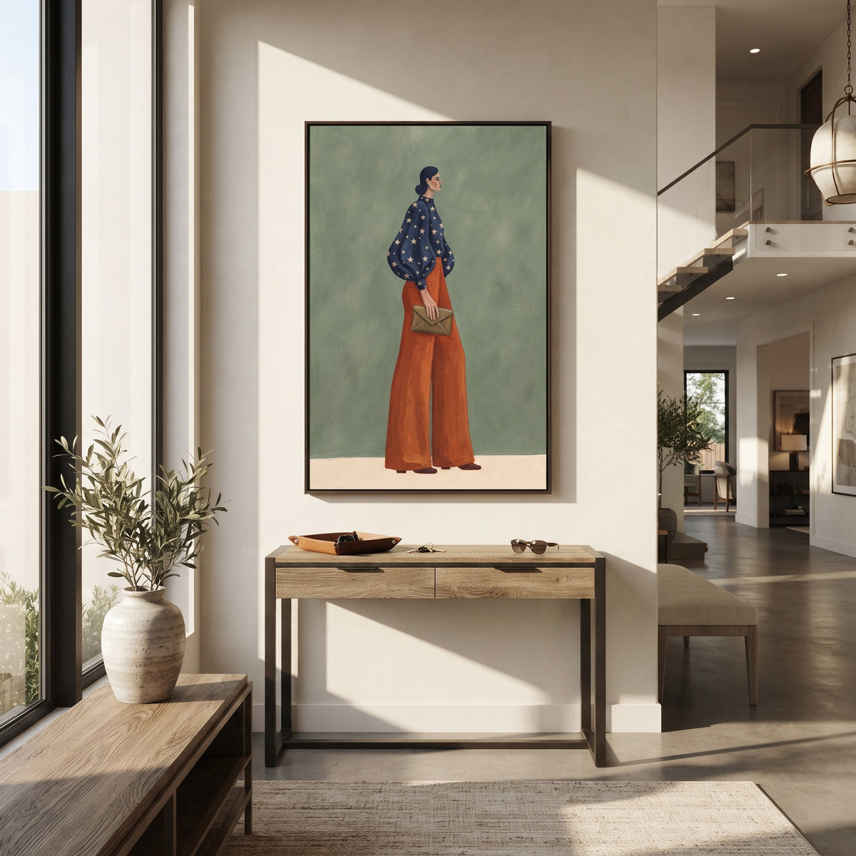 Polka Dots and Sage – textured vertical portrait presented in a coordinated room