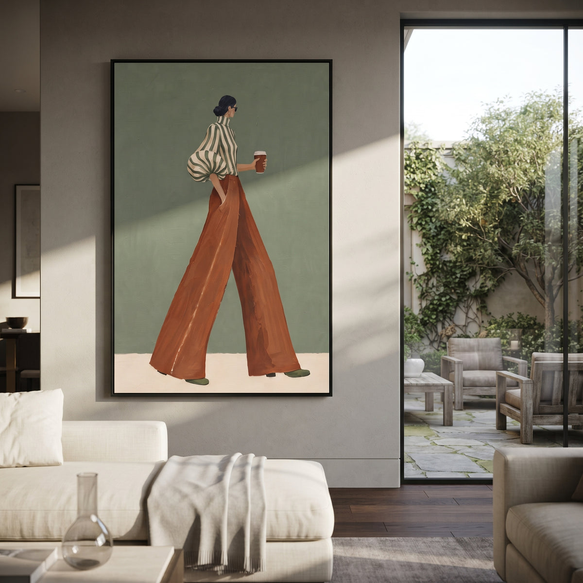 Green Stripes to Go – textured woman artwork shown in an alternate modern room