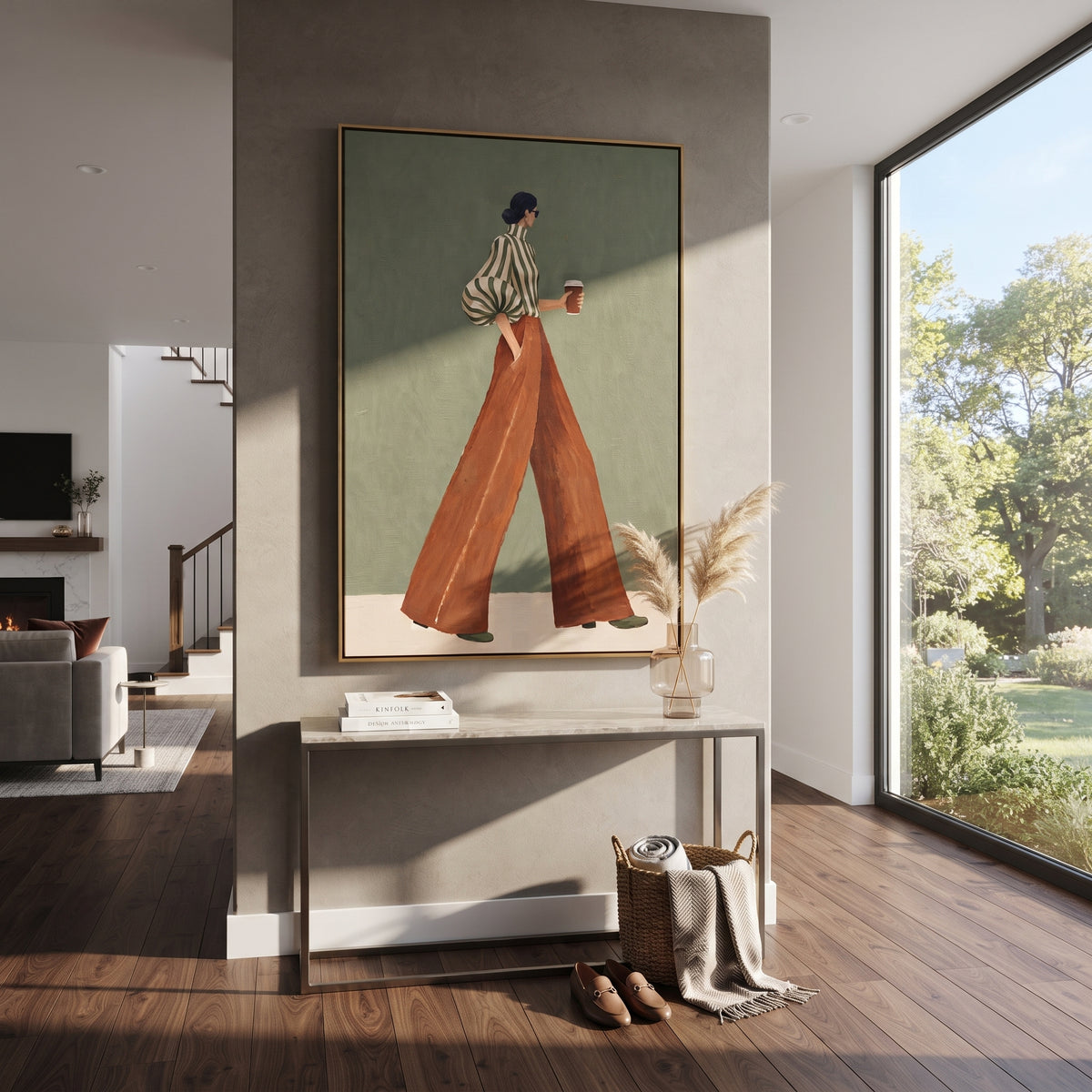 Green Stripes to Go – textured vertical portrait presented in a coordinated room