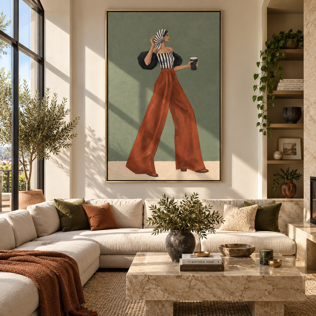 Scarlet Trousers Coffee Run – woman in a black-and-white striped head wrap and blouse with vivid red trousers, a backpack, and a coffee cup, displayed in a styled contemporary interior