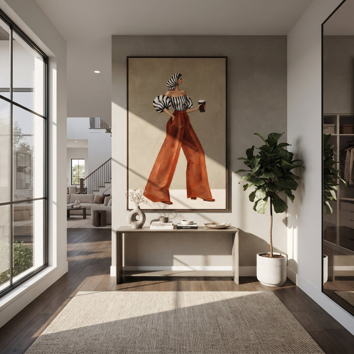 Espresso in Scarlet – woman in a striped head wrap and voluminous black-and-white blouse walking in scarlet trousers with a dark coffee cup, displayed in a styled contemporary interior