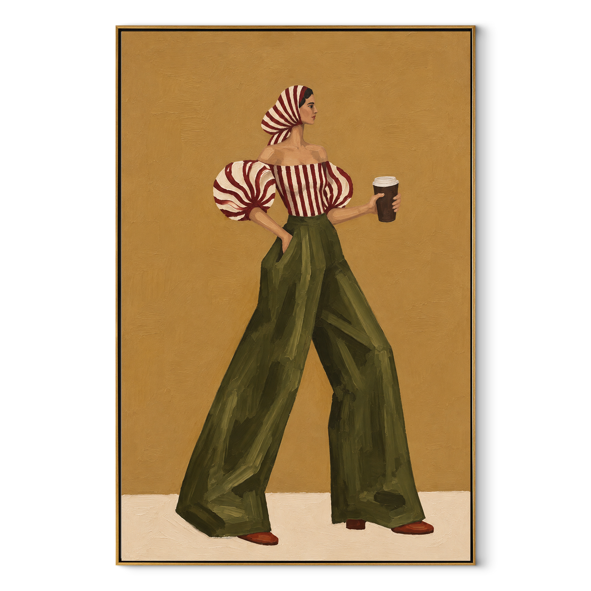 Mustard Wall Green Stride – vertical retro fashion painting in a wood frame on white