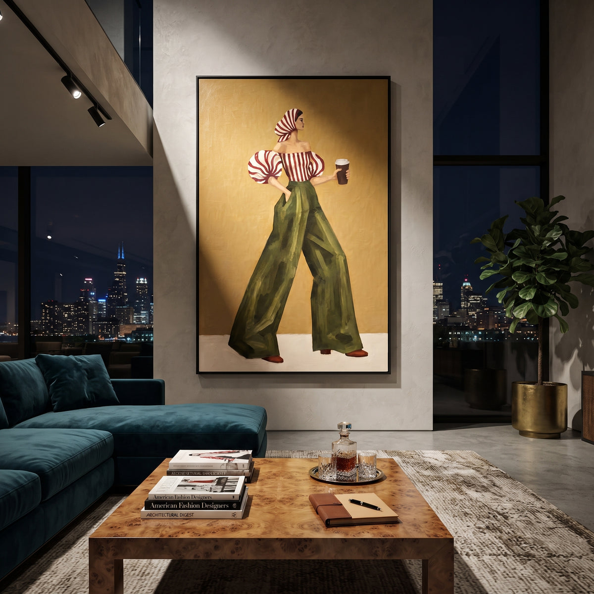 Mustard Wall Green Stride – vertical fashion wall art styled with contemporary furnishings