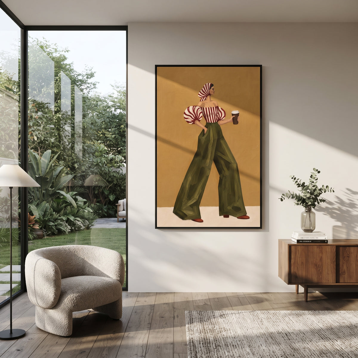 Mustard Wall Green Stride – textured vertical portrait presented in a coordinated room
