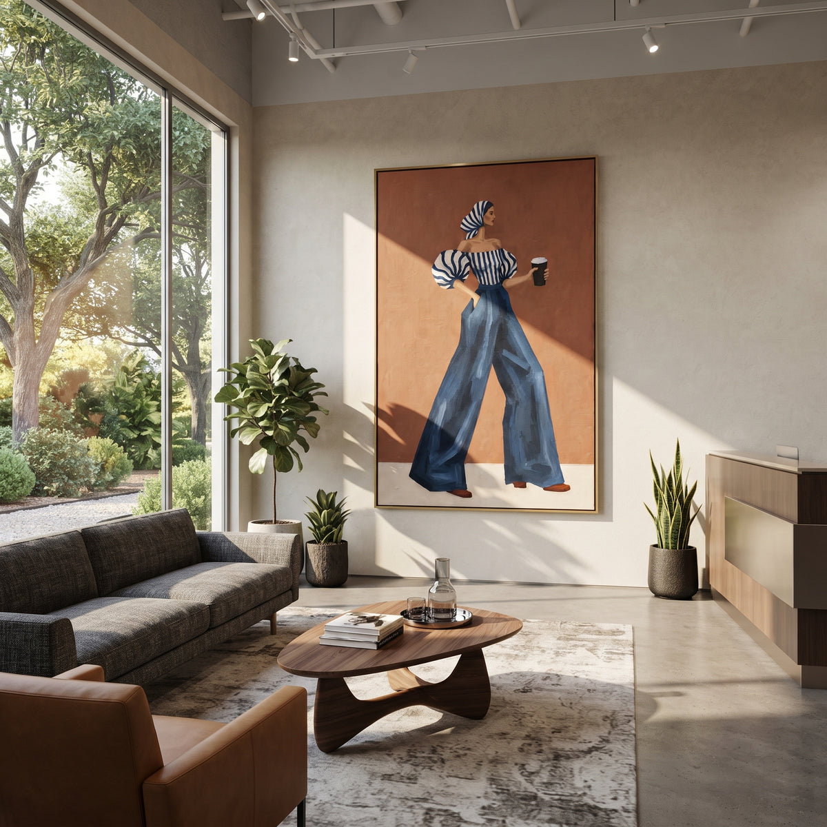 Blue Stripes Terracotta Hour – vertical fashion wall art styled with contemporary furnishings