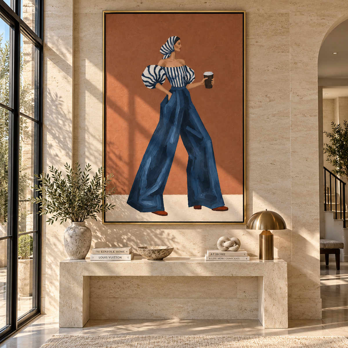 Blue Stripes Terracotta Hour – textured vertical portrait presented in a coordinated room