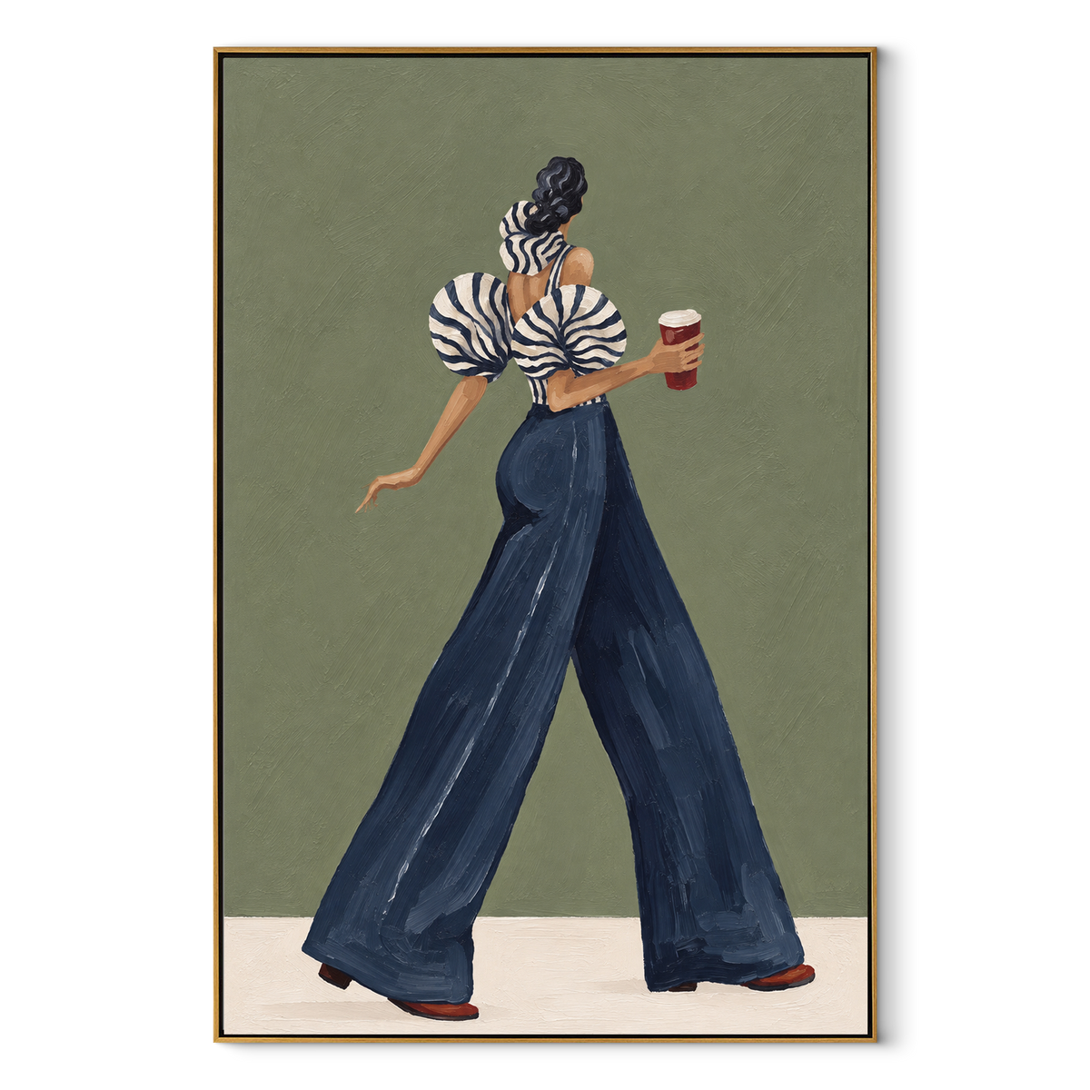 Sage Morning Blue Stripes – vertical retro fashion painting in a wood frame on white