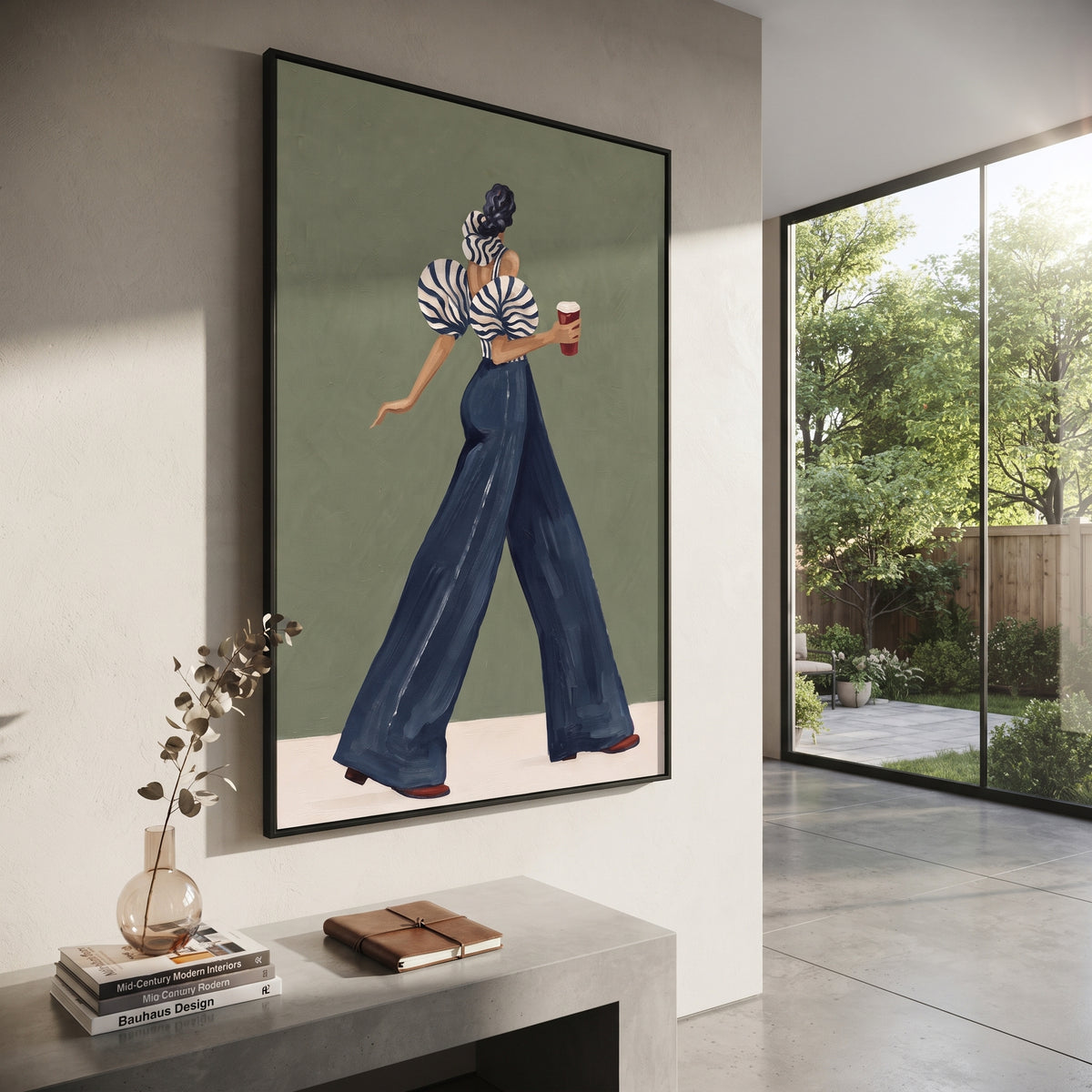 Sage Morning Blue Stripes – textured woman artwork shown in an alternate modern room