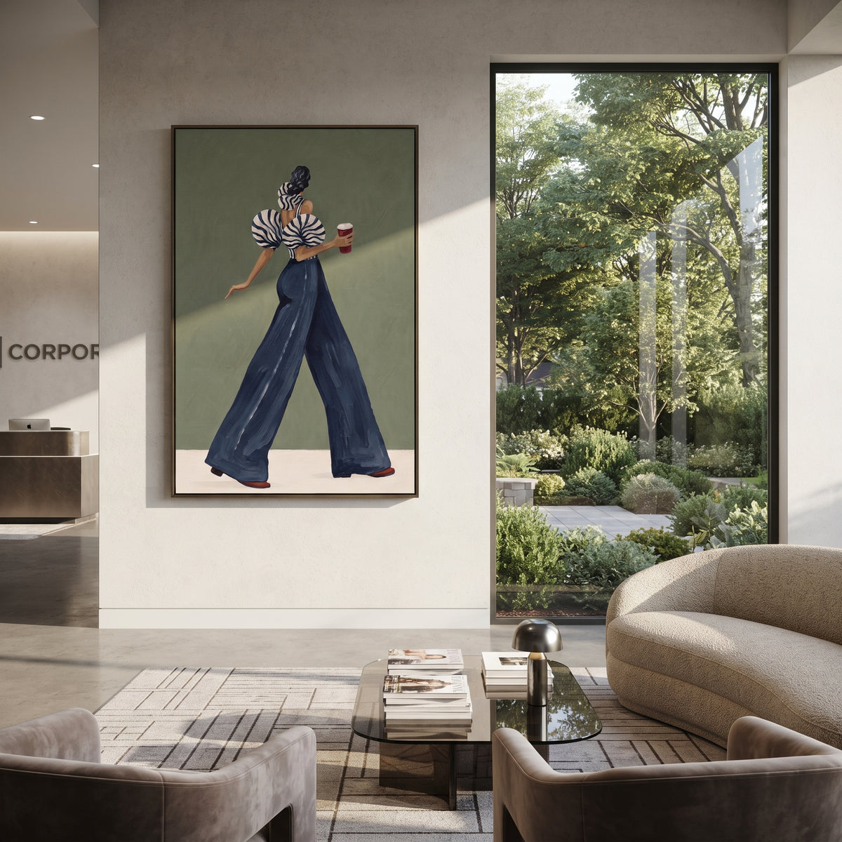 Sage Morning Blue Stripes – vertical fashion wall art styled with contemporary furnishings