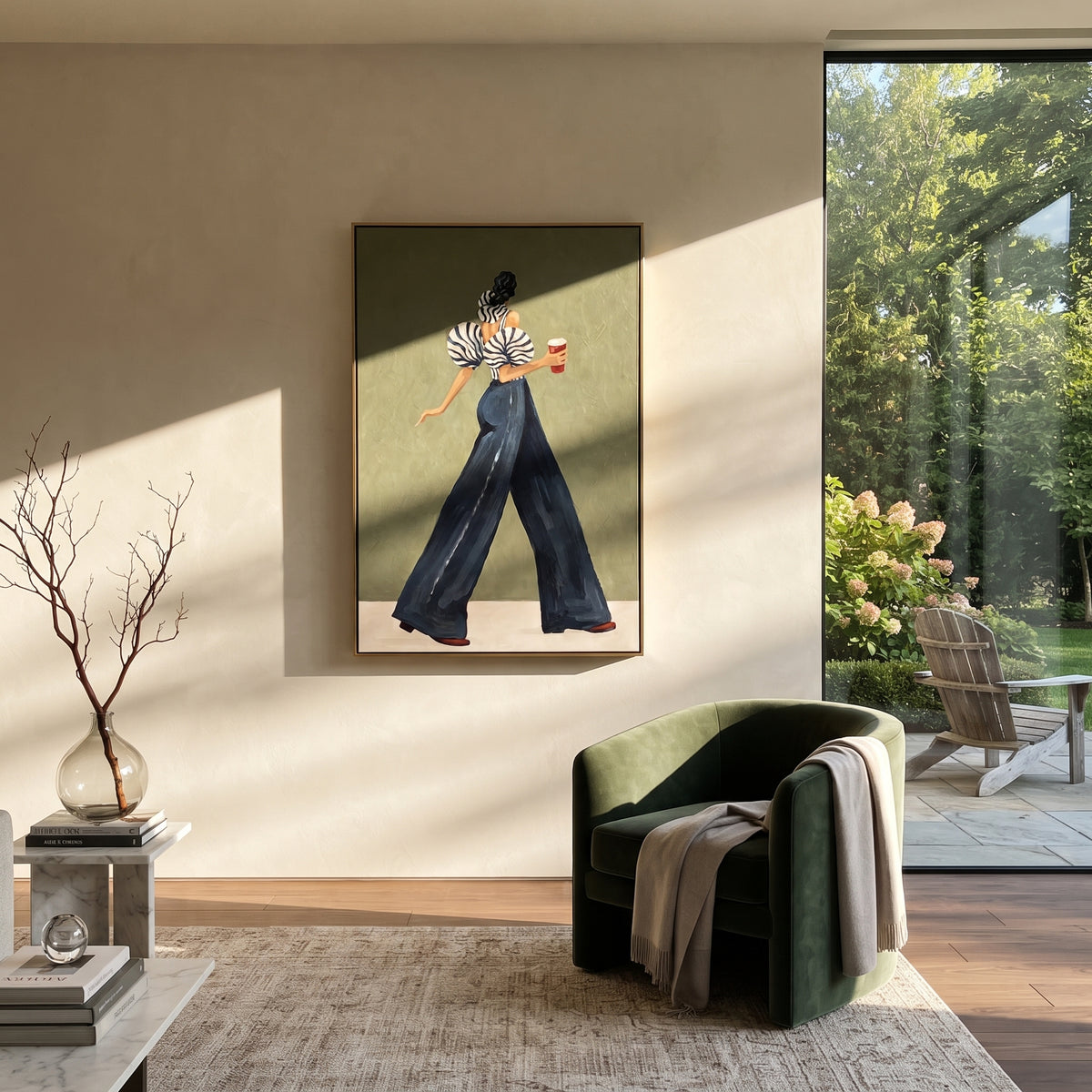 Sage Morning Blue Stripes – mid-century woman painting displayed in a refined interior