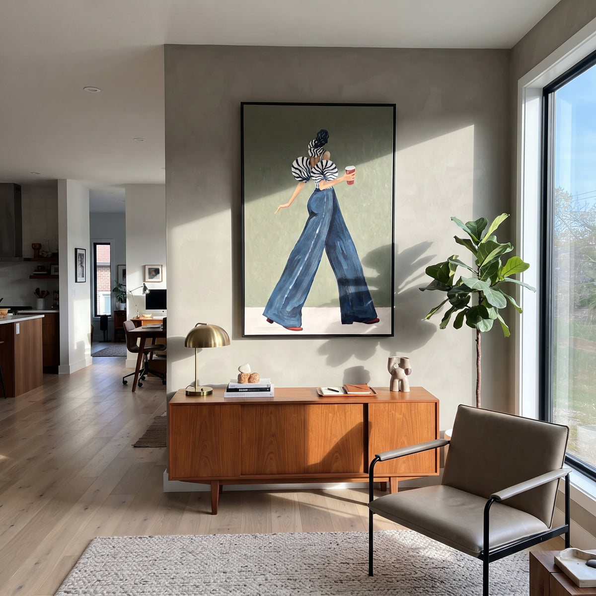 Sage Morning Blue Stripes – textured vertical portrait presented in a coordinated room