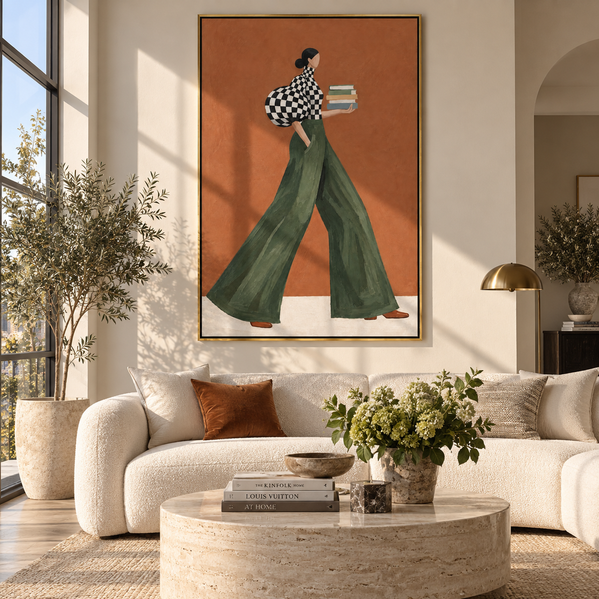 Checkered Books at Sunset – woman in a black-and-white checkered blouse and flowing green trousers carrying three colorful books, displayed in a styled contemporary interior