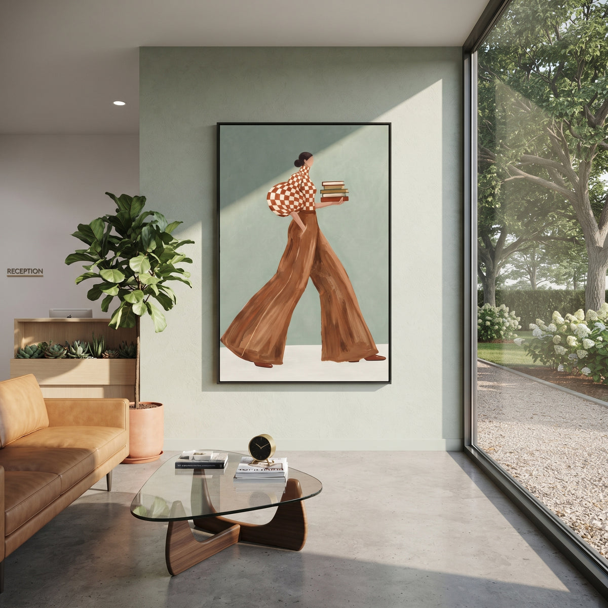 Checked Pages in Motion – mid-century woman painting displayed in a refined interior