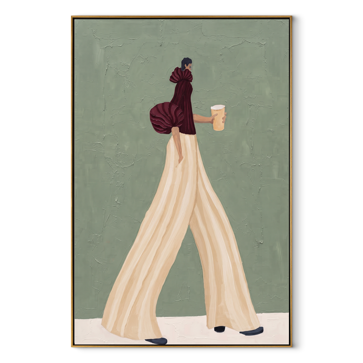 Burgundy Sleeve Ivory Steps – vertical retro fashion painting in a wood frame on white