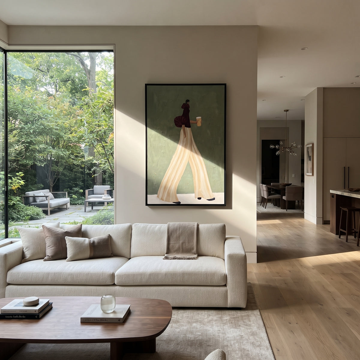 Burgundy Sleeve Ivory Steps – textured woman artwork shown in an alternate modern room