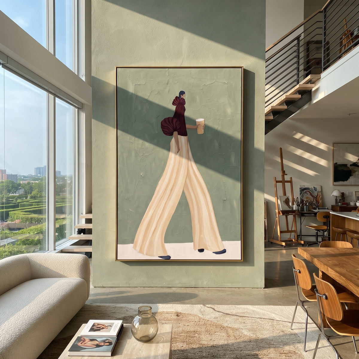 Burgundy Sleeve Ivory Steps – textured vertical portrait presented in a coordinated room