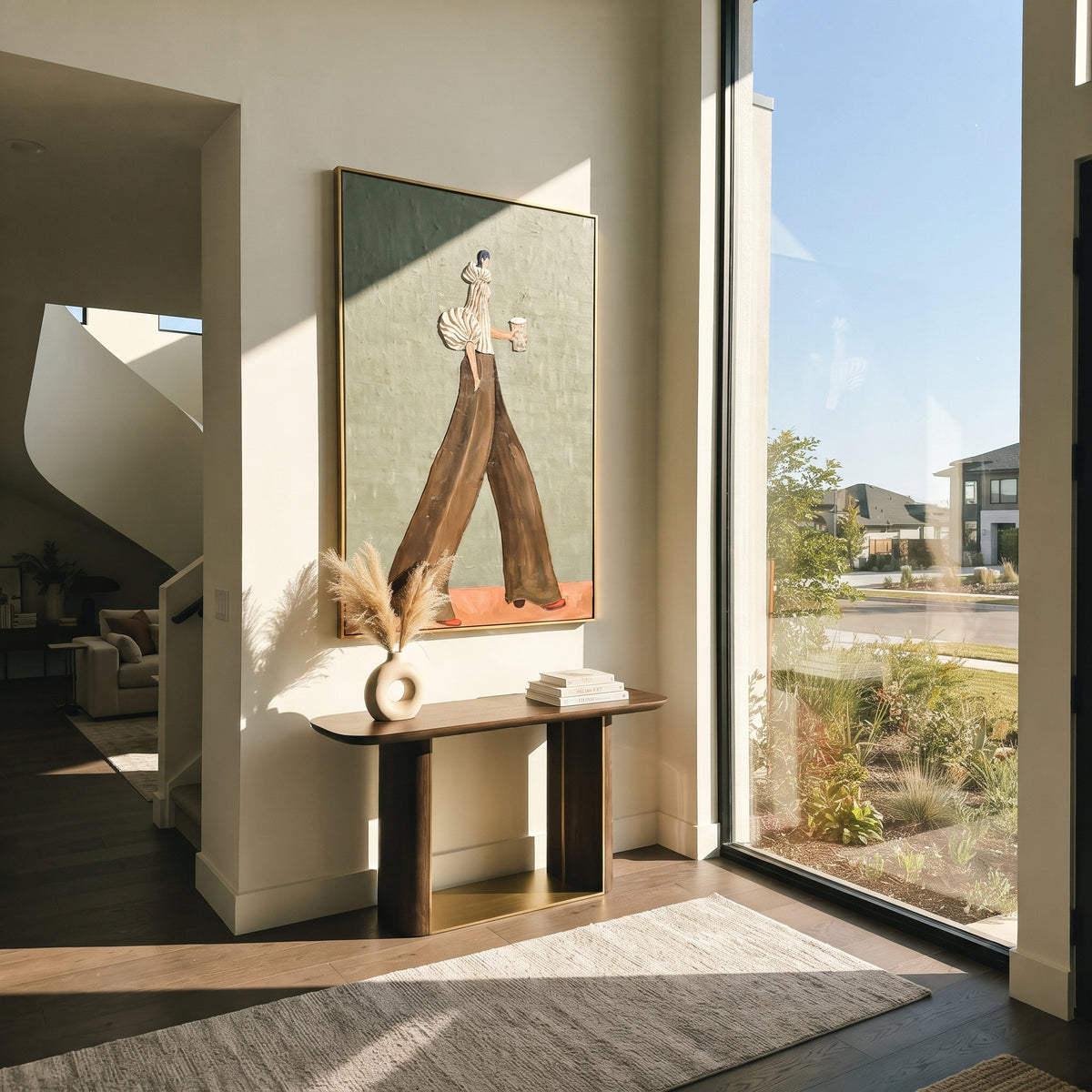 Chocolate Steps Grey Morning – textured vertical portrait presented in a coordinated room