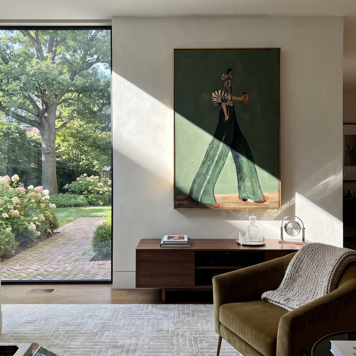 Forest Stripes Coffee Walk – textured woman artwork shown in an alternate modern room