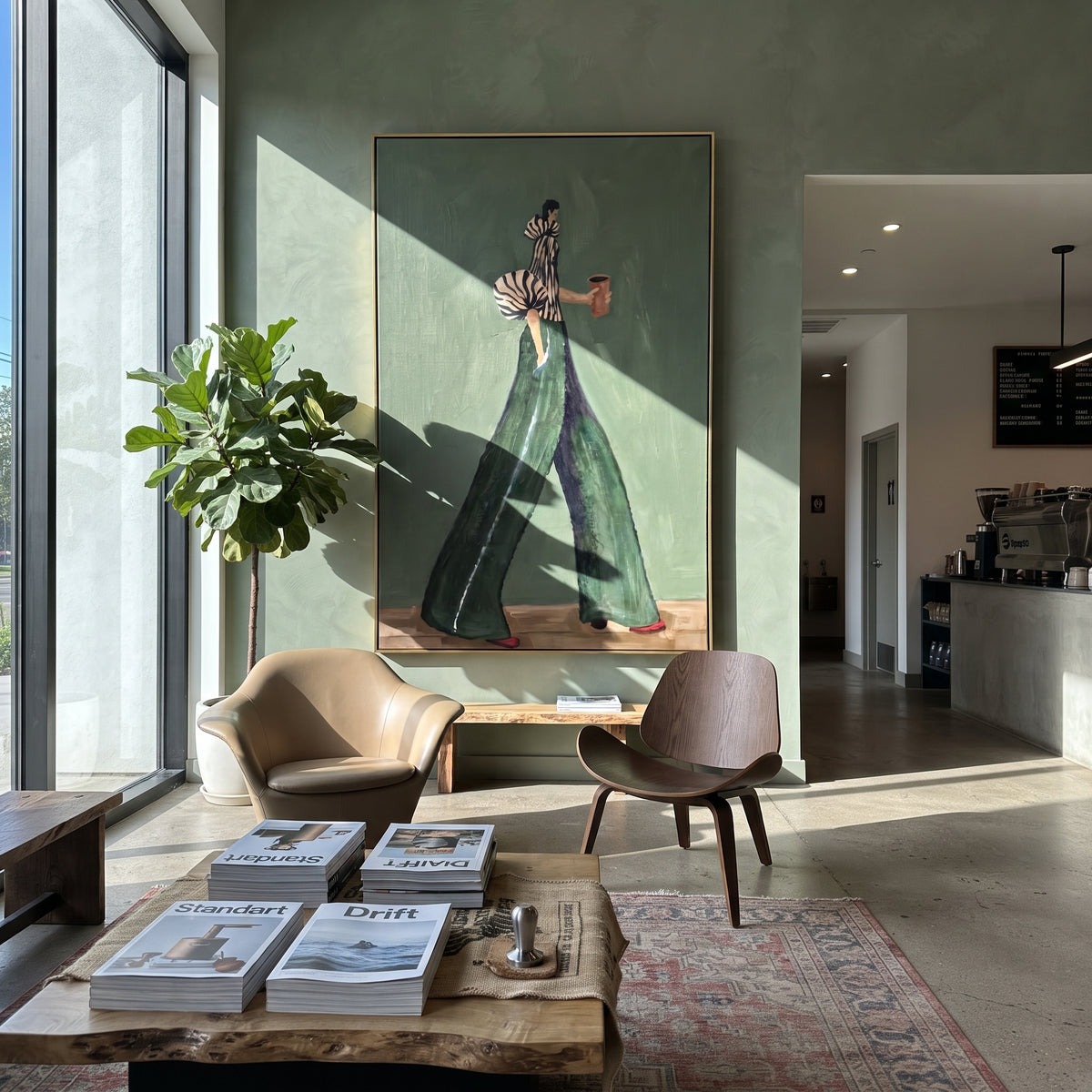Forest Stripes Coffee Walk – vertical fashion wall art styled with contemporary furnishings