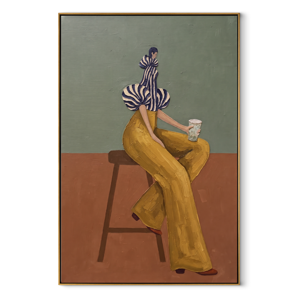 Mustard Pause with Coffee – vertical retro fashion painting in a wood frame on white