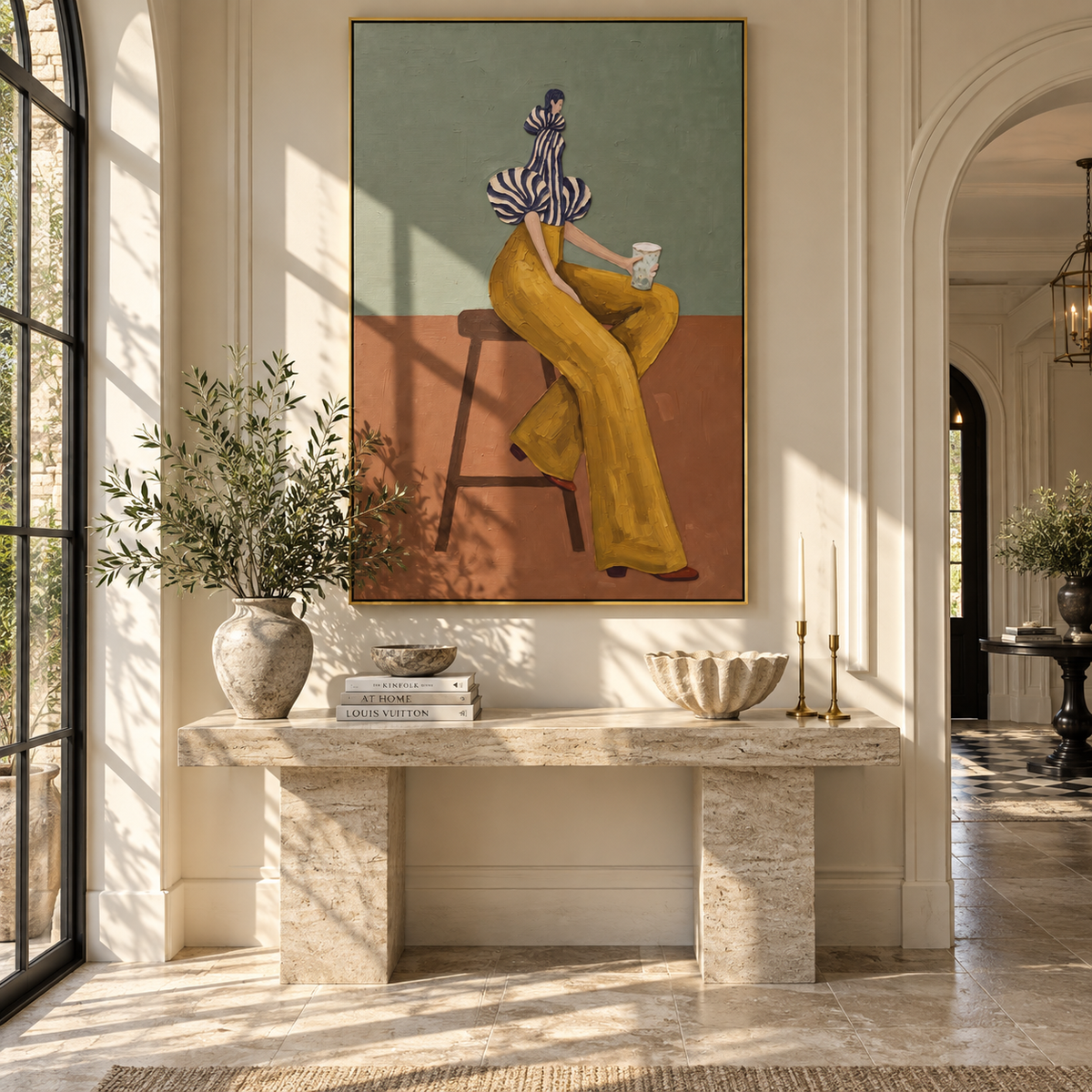 Mustard Pause with Coffee – textured woman artwork shown in an alternate modern room