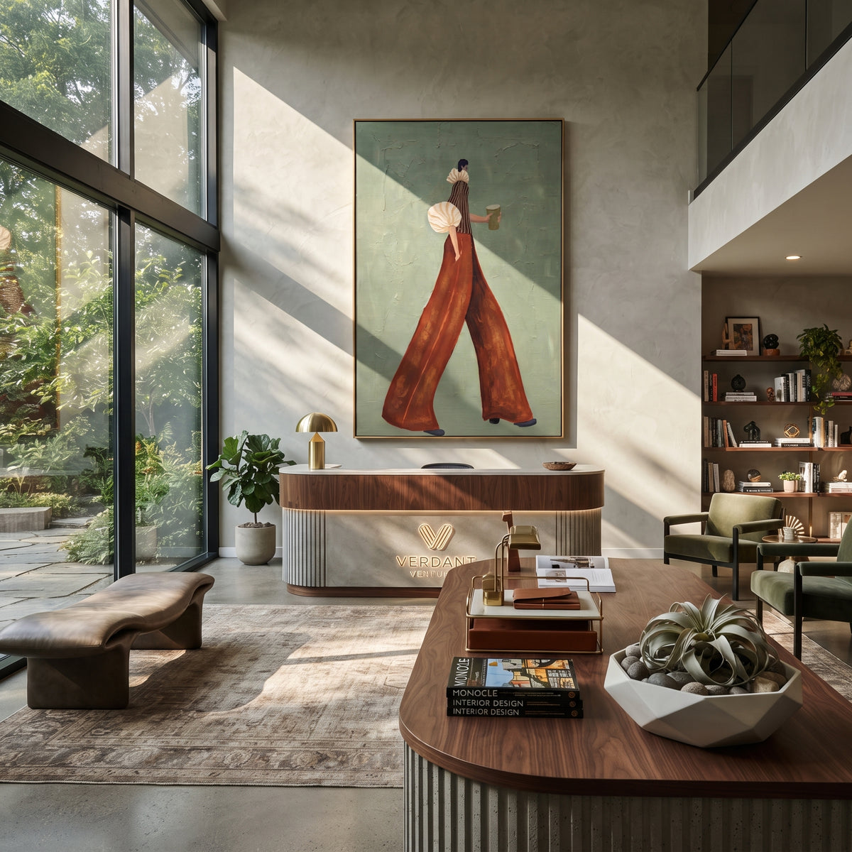 Rust Steps on Sage – vertical fashion wall art styled with contemporary furnishings