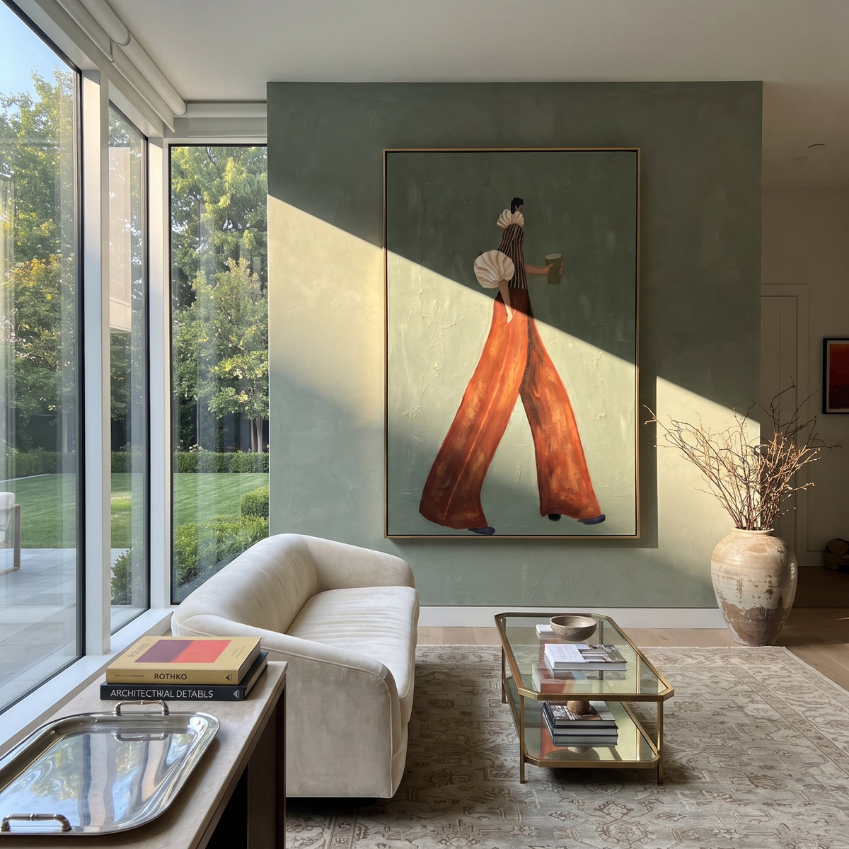 Rust Steps on Sage – mid-century woman painting displayed in a refined interior